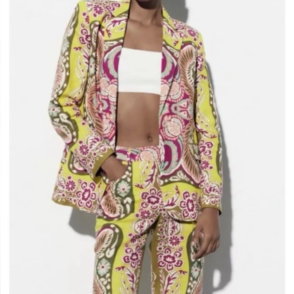 ZARA SET Paisley Scarf Print Bright Yellow Green Pink LINEN Blend Blazer & Pants